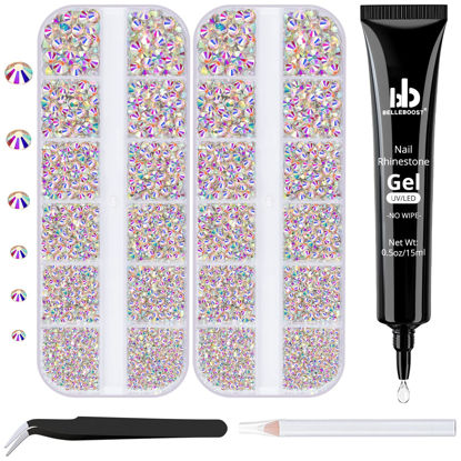 Picture of BELLEBOOST Nail Art Rhinestone Glue Gel&2 Boxes Flatback Gems Kit, 1 Tube of 15ml Rhinestone Gel Glue(UV/LED Needed)+Crystal AB Gems with Pickup Tools