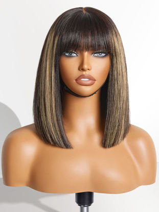 Picture of LUVME HAIR 12 Inch Blonde Highlight Bob Human Hair Wig with Bangs Glueless HD Lace Bang Wig True Scalp Ready to Go Silky Straight Highlight Human Hair Short Wig with Bangs (Breathable Cap)