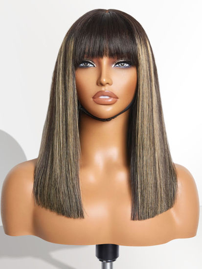Picture of LUVME HAIR 14 Inch Blonde Highlight Bob Human Hair Wig with Bangs Glueless HD Lace Bang Wig True Scalp Ready to Go Silky Straight Highlight Human Hair Short Wig with Bangs (Breathable Cap)