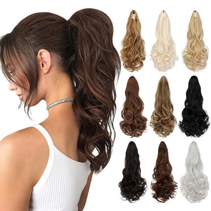 Picture of FELENDY 18" Small Claw Ponytail Extension Clip in Curly Wavy Ponytail Hair Extensions Jaw Clips Pony tail Hairpiece for Women Natural black