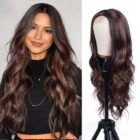 Picture of Aida ble Long Dark Brown Mixed Blonde Highlight Wavy Wig Ombre Brown Wig for Women 26inch Blonde Wavy Wig Natural Curly Synthetic Heat Resistant Wigs for Girls Cosplay Daily Party Use