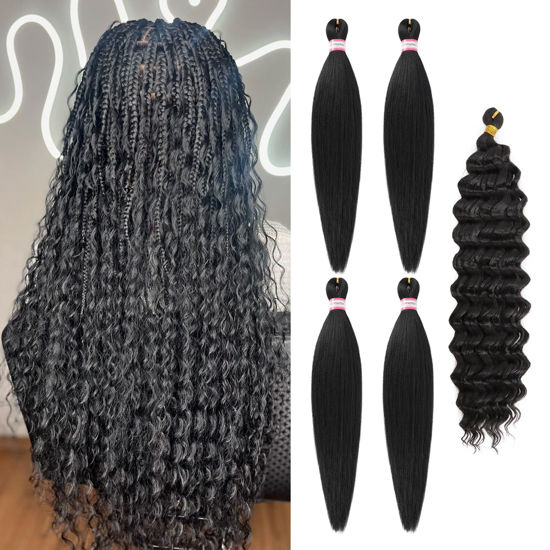 Picture of Dorsanee Braiding Hair for Boho Braids 20 Inch 4 Packs Pre Braiding Braiding Hair and 18 Inch 1 Pack Deep Wave Braiding Hair for Crochet Boho Braids Synthetic Hair Extensions (1B#)