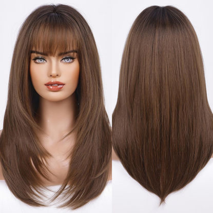 Picture of HAIRCUBE Dark Brown Synthetic Women's Wig Layered Wigs with Bangs Middle length Straight and Heat Resistant