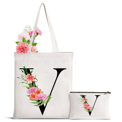 Picture of Sanuurfky Letter Initial Canvas Tote Bag Personalized Present Bag Gift for Bridesmaids Bride Teacher Birthday Wedding