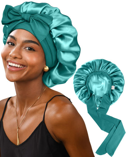 Picture of Yanibest Satin Bonnet Silk Bonnet for Sleeping Double Layer Ajustable Satin bonnet for Women Men for Curly Natural Hair with Tie Band