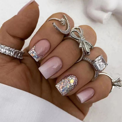 Picture of 24Pcs Press on Nails Short Square French Tip Fake Nails Pink Gradient with Silver Glitter Design Acrylic Full Cover Glue on False Nails Artificial Stick on Nails for Women Daily Wear Manicure…