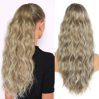 Picture of Ponytail Extension for Women, 26 inch Drawstring Ponytail Extension, Wavy Pony Tails Hair Extensions, Synthetic Hair Extensions Ponytail for Daily Use (Warm Ash Blonde Highlights Bleach Blonde)