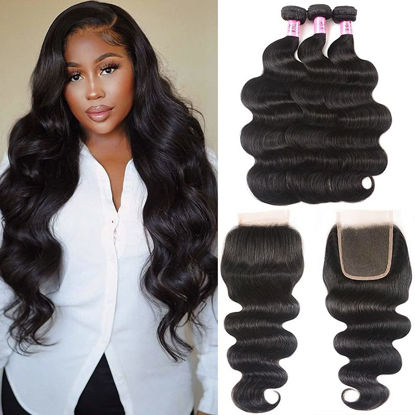 Picture of Unice Hair Brazilian Body Wave 3 Bundles with Free Part Lace Closure Unprocessed Virgin Human Hair Weave Extensions (20 22 24+18)