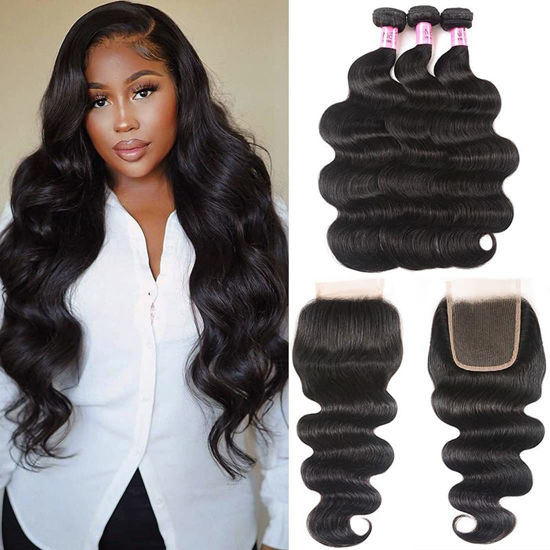 Picture of Unice Hair Brazilian Body Wave 3 Bundles with Free Part Lace Closure Unprocessed Virgin Human Hair Weave Extensions (20 22 24+18)