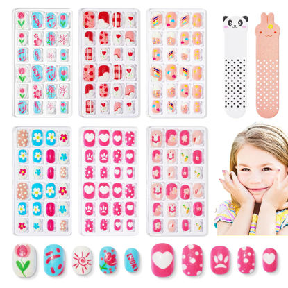 Picture of Modelones Press on Nails for Kids 144Pcs 6 Pack Children Acrylic Fake Nails Pre-glue Full Cover Glitter Gradient Color Unicorn Ocean Short False Nail Art Kits Sets Christmas Gifts for Kids Girls