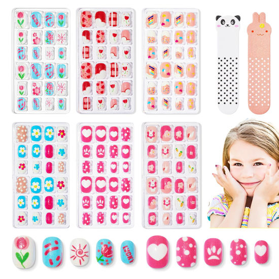 Picture of Modelones Press on Nails for Kids 144Pcs 6 Pack Children Acrylic Fake Nails Pre-glue Full Cover Glitter Gradient Color Unicorn Ocean Short False Nail Art Kits Sets Christmas Gifts for Kids Girls