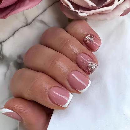 Picture of SINSEN Square Press on Nails Short - White French Tip Press on Nails Square Shape, Pink Fake Nails with Adhesive Glue Stickers, Reusable Stick on Nails in 12 Sizes, 24 Pcs Short Square French Nails
