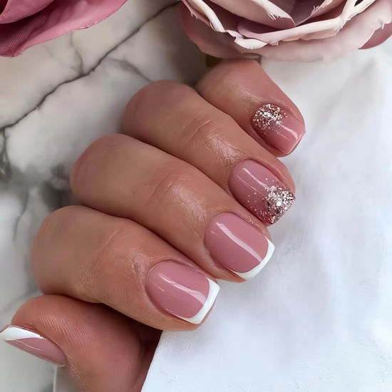 Picture of SINSEN Square Press on Nails Short - White French Tip Press on Nails Square Shape, Pink Fake Nails with Adhesive Glue Stickers, Reusable Stick on Nails in 12 Sizes, 24 Pcs Short Square French Nails