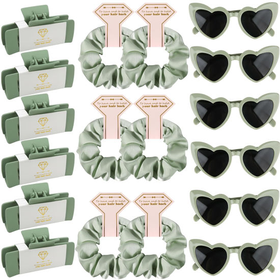 Picture of 18pcs Bridesmaid Scrunchies Proposal Gifts 4.1inch square Hair Claws Bachelorette Hair Clip heart sunglasses Girls gift for Wedding Party Favors(18pcs Sage Green)