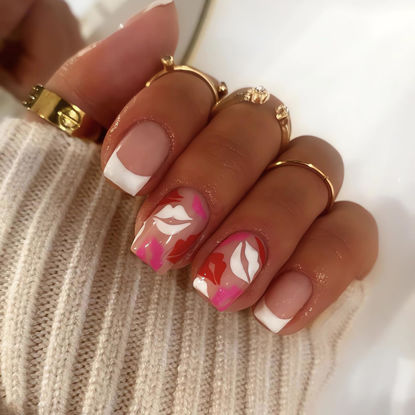 Picture of SINSEN Valentine’s Day Press on Nails Short - Square Press on Nails with Cute Lip Designs, White French Fake Nails with Adhesive Glue Tabs, Reusable Stick on Nails in 12 Sizes, 24 Pcs Fake Nails Set