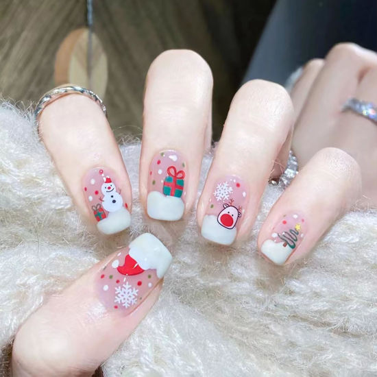 Picture of 24Pcs Christmas Snowman Press on Nails Short Square Fake Nails White French Tip for Nails Art Reindeer Christmas hat Gift False Nails Winter Full Cover Glue on Nails Artificial Nails for Women DIY