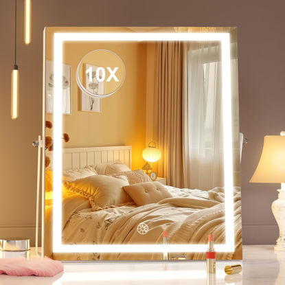 Picture of Hasipu Vanity Mirror with Lights, 11.4" x 13.8" LED Makeup Mirror with 10X Magnification, Smart Touch 3 Colors Dimmable, Brightness Adjustment, 360° Rotation, White