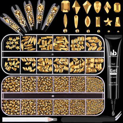 Picture of 3220Pcs Mineral Gold Glass Nail Rhinestones 120Pcs Multi Shapes Flatback Nail Gems + 3100Pcs 1.5-4mm Round Crystal with Rhinestones Glue Gel, Manicure Nail Charms Diamond Gemstone for Nail Art