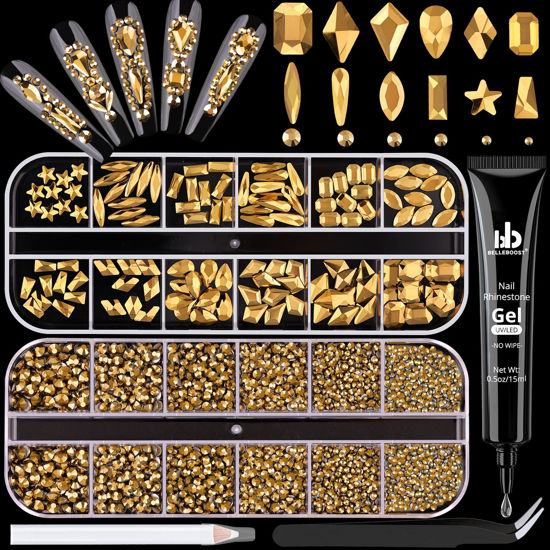 Picture of 3220Pcs Mineral Gold Glass Nail Rhinestones 120Pcs Multi Shapes Flatback Nail Gems + 3100Pcs 1.5-4mm Round Crystal with Rhinestones Glue Gel, Manicure Nail Charms Diamond Gemstone for Nail Art
