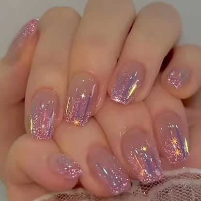 Picture of Short Press on Nails Square,RTKHFZE Glitter Fake Nails Glossy Nude False Nails Full Cover Acrylic Nails Almond Stick on Nails 24Pcs pressed nails ons for Women