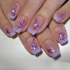 Picture of Press on Nails Medium Purple French Tip Fake Nails Glitter Square False Nails with Purple Flower Designs Glue on Nails Glossy Artificial Nails Acrylic Natural Stick on Nails for Women Girls 24Pcs