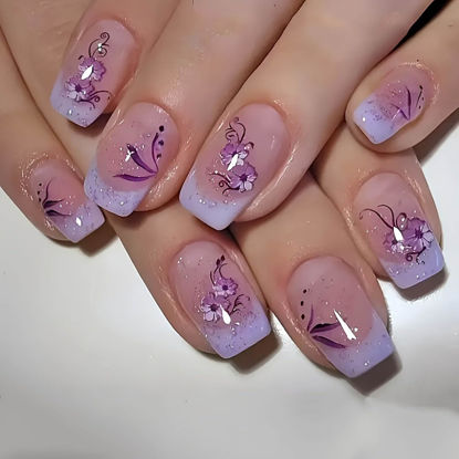Picture of Press on Nails Medium Purple French Tip Fake Nails Glitter Square False Nails with Purple Flower Designs Glue on Nails Glossy Artificial Nails Acrylic Natural Stick on Nails for Women Girls 24Pcs