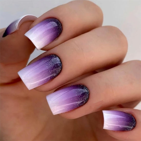 Picture of Square Press on Nails Short Fake Nails Purple French Tip False Nails Ombre Glue on Nails with Glitter Designs Nails Press ons Acrylic Nails Glossy Stick on Nails for Women and Girls 24Pcs