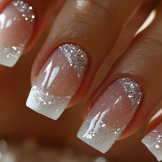 Picture of Square Press on Nails White French Tip Nails Press ons Medium Fake Nails with Silver Glitter Designs False Nails Ombre Glossy Artificial Nails Acrylic Glue on Nails for Women Girls 24Pcs