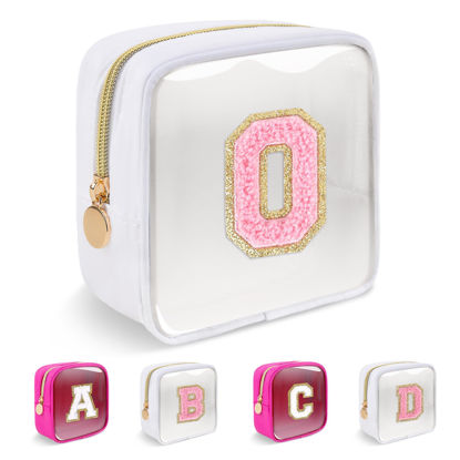 Picture of Personalized Initial Letter Clear Preppy Makeup Bag,Mini Nylon Chenille Letter Cosmetic Bag Cute Zipper Pouch Purse for Teen Girls,Portable TSA Approved Beach Travel Essentials Bag Gift for Women,O