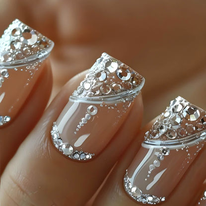 Picture of Press on Nails Medium Square Fake Nails Glitter French Acrylic False Nails with Designs Rhinestones Nails Press ons Full Cover Artificial Glue on Nails Natural Stick on Nails for Women 24Pcs