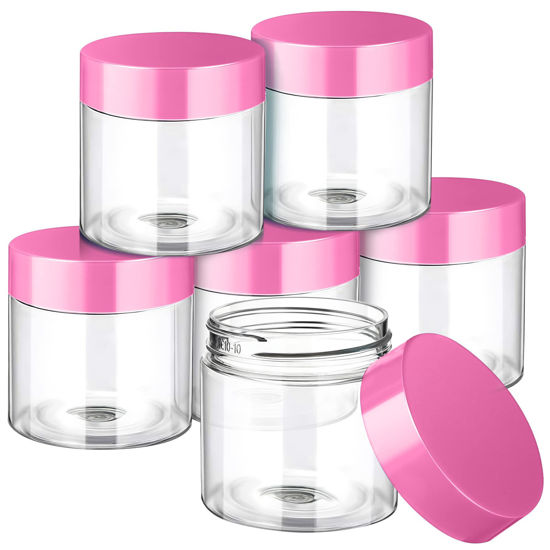 Picture of 6 Pack Clear Container with Lids Small Plastic Pot Jars Wide Mouth Round Leak Proof Plastic Container Jars with Lid for Travel Storage, Eye Shadow, Nails, Paint, Jewelry (2 oz, Pink)