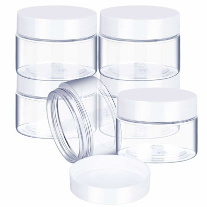 Picture of 6 Pack Clear Container with Lids Small Plastic Pot Jars Wide Mouth Round Leak Proof Plastic Container Jars with Lid for Travel Storage, Eye Shadow, Nails, Paint, Jewelry (6 oz, White)