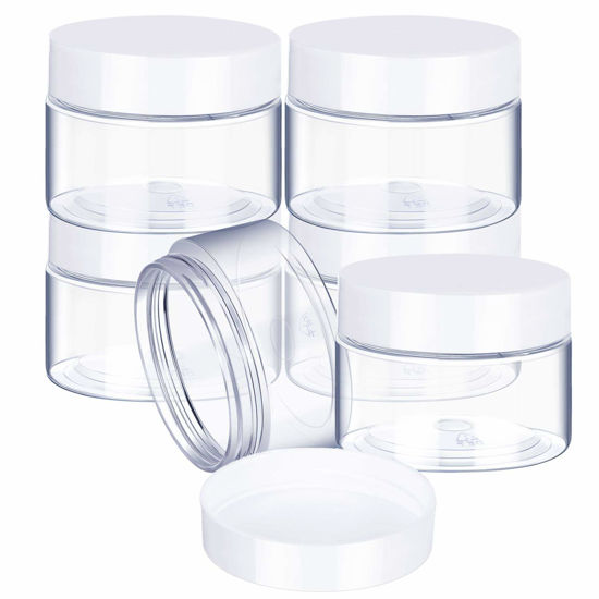 Picture of 6 Pack Clear Container with Lids Small Plastic Pot Jars Wide Mouth Round Leak Proof Plastic Container Jars with Lid for Travel Storage, Eye Shadow, Nails, Paint, Jewelry (6 oz, White)