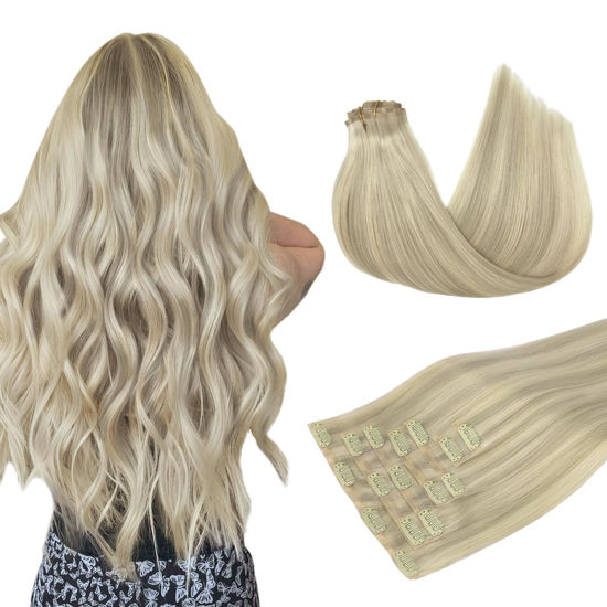 Picture of DOORES Clip in Hair Extensions Real Human Hair, Ash Blonde Highlighted Platinum Blonde 130g 9pcs 14 Inch Clip in Virgin Hair Extensions Invisible Edge, Hair Extensions Real Human Hair