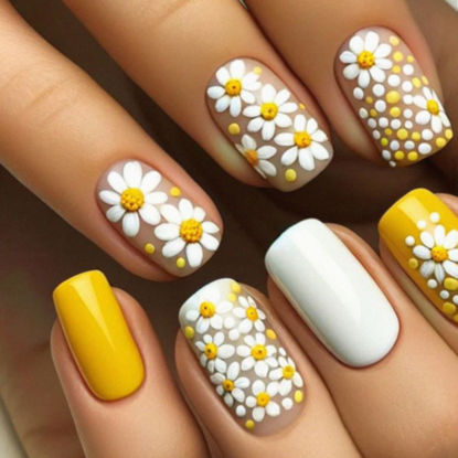 Picture of Flower Press on Nails Medium Square Fake Nails Artificial False Nails with White Flower Design Full Cover Acrylic Nails Ballerina Nails Glue on Nails for Women