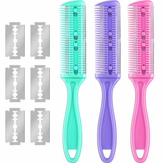 Picture of 3 Pieces Hair Cutting Comb Set with 10 Razors, Double Edge Razor, Thinning Comb for Slim Haircuts (Green, Purple, Pink)