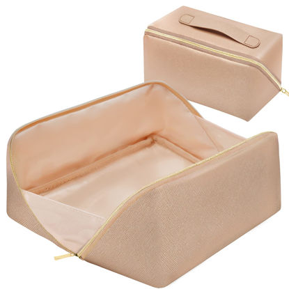 Picture of rlokosfb Portable Makeup Bag Opens Flat for Easy Access,Waterproof Large Cosmetic Bag Toiletry Bag,Travel Accessories Case Organizer Overnight Bag for Cosmetics,Toiletries,Pencils (Gold, Large)