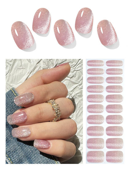Picture of Semi Cured Gel Nail Strips | Nude Cat Eye Gradient 20pcs Semi Cured Gel Nails Sticker | Gel Nail Wraps UV for Home Nails DIY