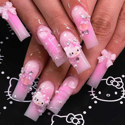 Picture of 24Pcs Pink Coffin Nails Press on Nails Long Coffin Fake Nails with 3D Heart Pearl Star Nail Charms Design Nail Gems Diamond Pink Acrylic Nails Supply Full Cover False Nails Stick on Nails for Women