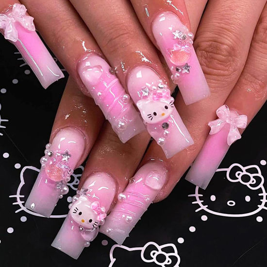 Picture of 24Pcs Pink Coffin Nails Press on Nails Long Coffin Fake Nails with 3D Heart Pearl Star Nail Charms Design Nail Gems Diamond Pink Acrylic Nails Supply Full Cover False Nails Stick on Nails for Women