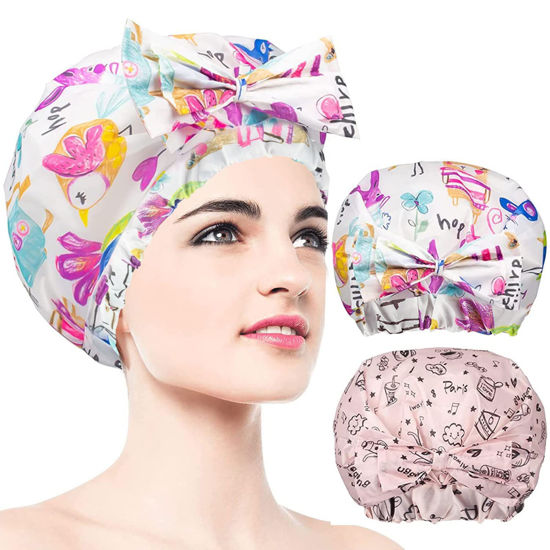Picture of 2 PCS Shower Caps, Reusable & Extra Large & Adjustable & Double Layer Waterproof Bow Knot Hair Reusable Cap for Women, Waterproof Outer & EVA Lining, for Shower, Spa, Makeup