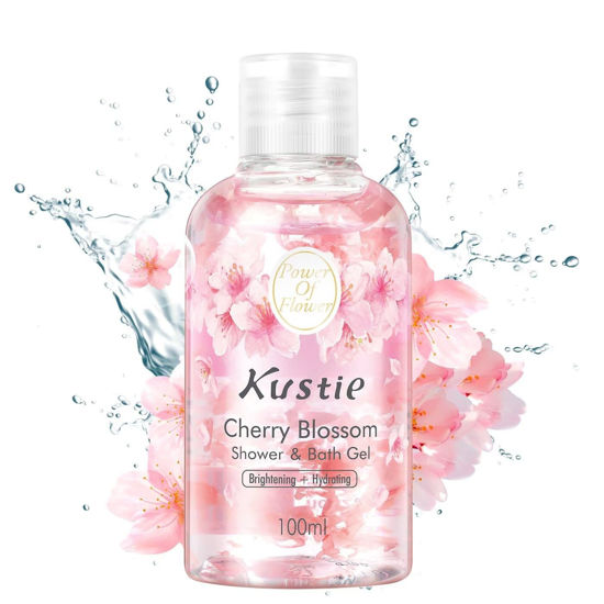 Picture of KUSTIE Travel Size Shower Gel, Shower Gel, Flower Shower Gel with Real Cherry Blossom Petals Deeply Moisturises Dry Skin, 24 Hour Renewal, Mild and Long Lasting Fragrance (3.38 oz)