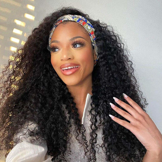 Picture of Deep Wave Headband Wig Human Hair 26 inch Glueless Non Lace Front Wig Machine Made Wigs 150% Density Brazilian Wet and Wavy Curly Hair Headband Half Wigs for Black Women Human Hair Natural Color