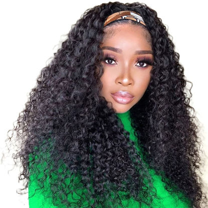 Picture of Headband Wig Human Hair Deep Wave Wigs 24 inch Brazilian Human Hair Headband Wigs for Black Women Glueless Non Lace Front Wig Machine Made Wigs Curly Deep Wave Headband Wig 150% Density Natural Color