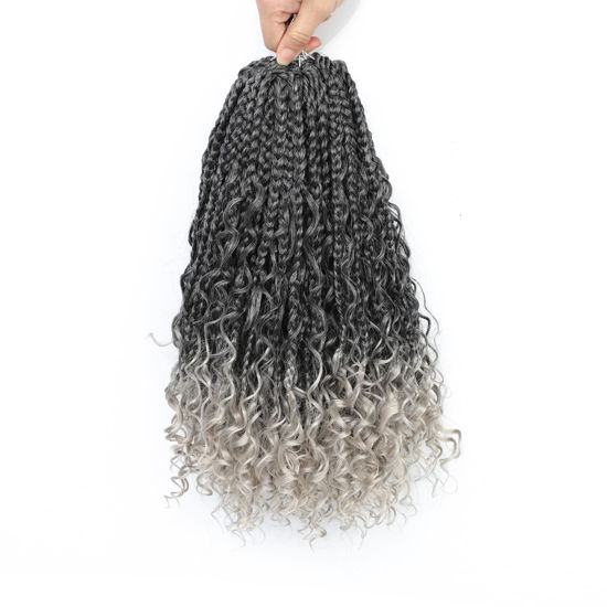Picture of 8 Packs Goddess Box Braids Crochet Hair -12 Inch Crochet Box Braids- Bohomian Box Braid Crochet Hair Synthetic Braiding Hair Boho Braids Crochet Hair for Black Women(1B/Silver#)