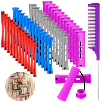 Picture of WILLBOND 48 Pieces Hair Perm Rods Short Cold Wave Rods Plastic Perming Rods Hair Curling Rollers Curlers with Steel Pintail Comb Rat Tail Comb for Hairdressing Styling (4 Sizes,4 Colors)