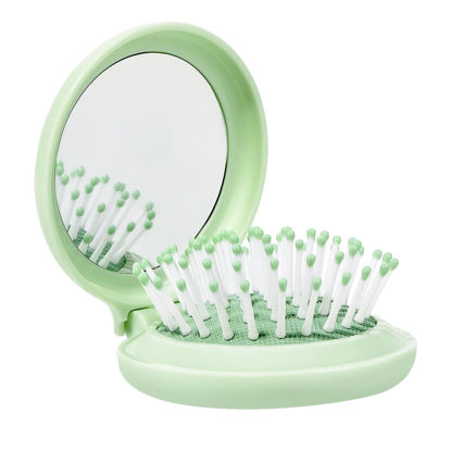 Picture of Arthaxi Mini Hair Brush with Mirror for Travel and Purse, Compact Pocket-Size Round Brush and Mirror Combo Gift for Women, Vibrant Green