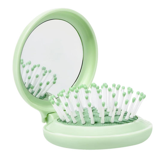 Picture of Arthaxi Mini Hair Brush with Mirror for Travel and Purse, Compact Pocket-Size Round Brush and Mirror Combo Gift for Women, Vibrant Green