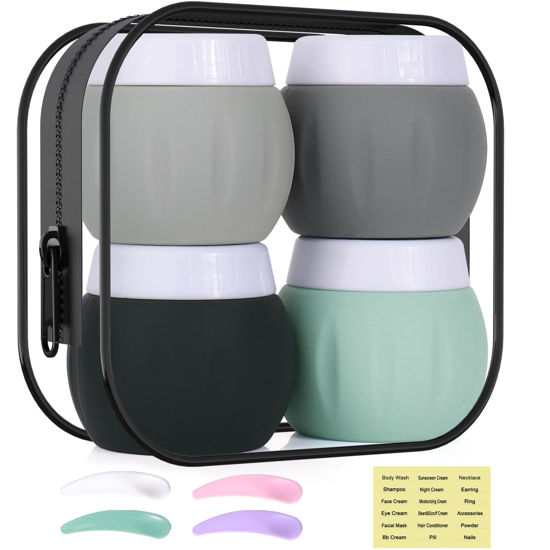 Picture of Travel Containers for Toiletries, GLAMFIELDS TSA Approved 1.7oz 50ml Travel Size Silicone Cream Jars BPA Free, Leak-proof Travel Essentials with Lid for Cosmetic Face Hand Body Cream Grey (4 Pack)