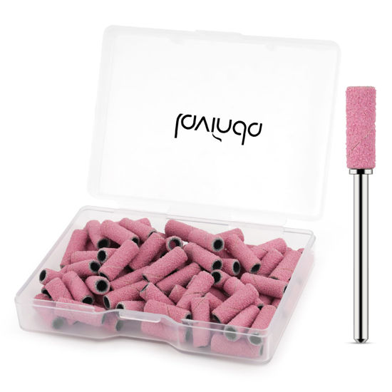 Picture of Lavinda Small Sanding Bands for Nail Drill with 3.1mm Mandrel Bit, 80 Piece Set Coarse Mini Sanding Bands Nail Drill Bits for Acrylic Nails Gel Manicures and Pedicures (80 Grit, Pink)
